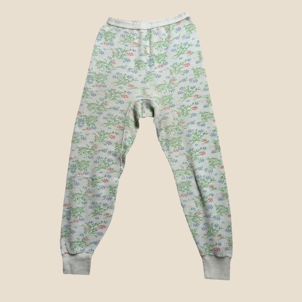 Vintage 70s Thermal Pajama Pants Floral Waffle Knit Long Johns Cream Large